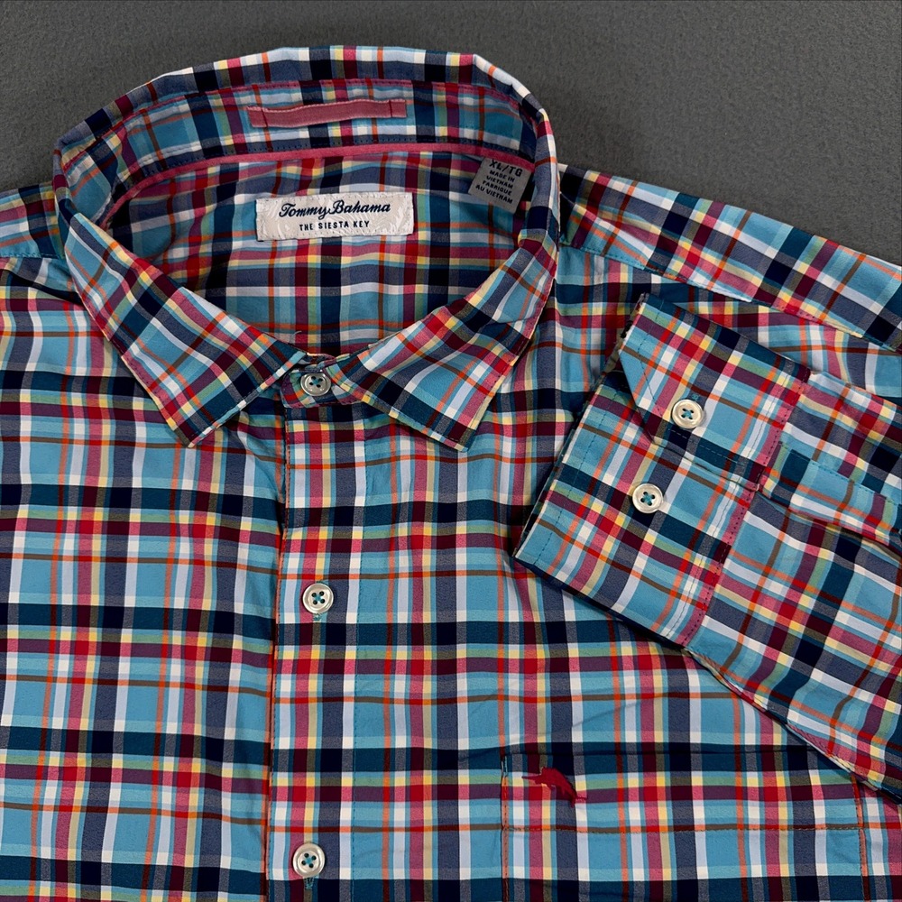 Tommy Bahama The Siesta Key Mens XL Plaid Button Down Shirt Multicolor Stretch